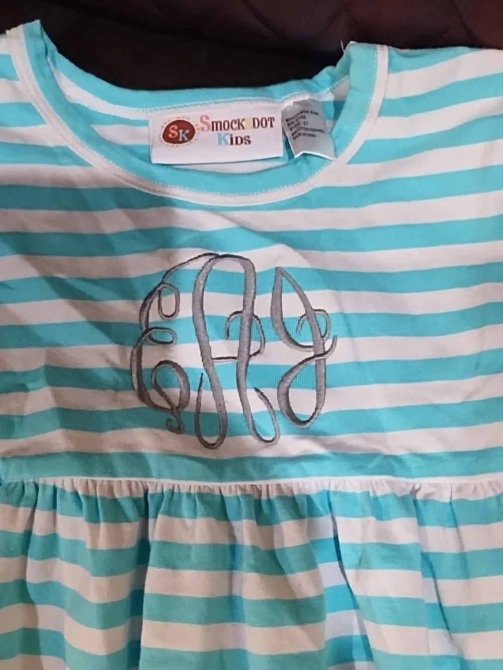 Striped Light Blue & White Kids  Dress- Monogram Detail